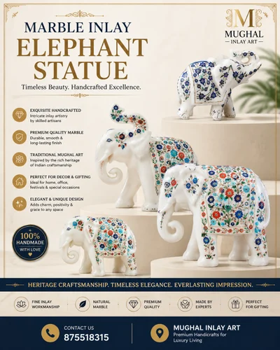 White Marble Inlay Elephant Statue, For Interior Decor