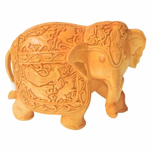 Brown Wooden Carving Elephant With Bend Neck, For Home Decor
