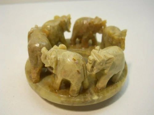 Brown Ring of 6 Stone Elephants on Base Statue, For Interior Decor