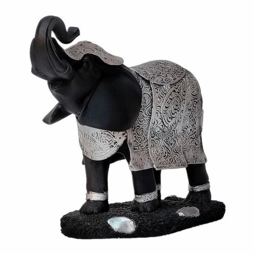 Black,Silver Resin H 24 cm Black Sliver Trunk Elephant Statue, For Interior Decor