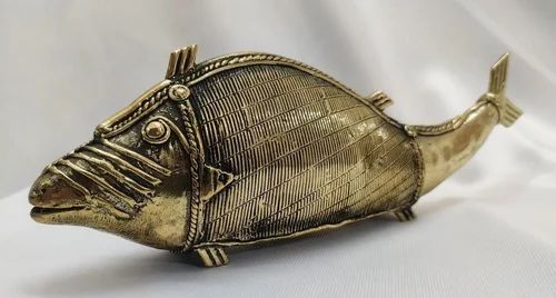 Brass Dhokra Art Handmade Fish Statue, Size: 6x12inch (lxw)