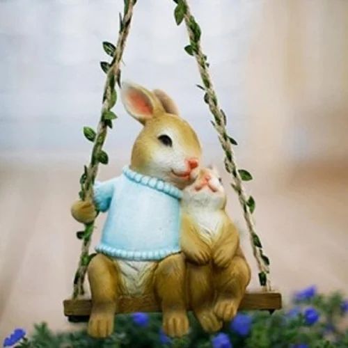 RABBIT WITH BABY ON SWING HANGING - GARDEN DECOR
