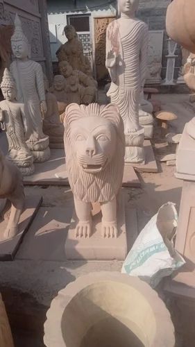 Natural Sandstone Lion Statue for Outdoor Temple Use (30 cm)