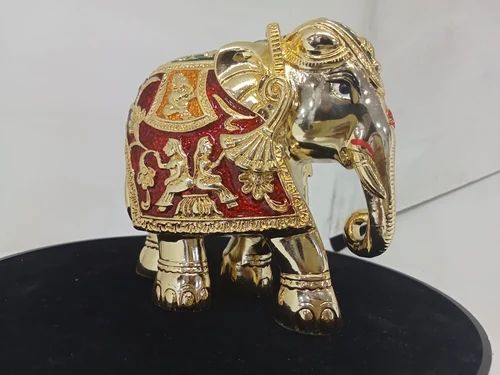 Golden Zzuri Elephant Down 4 Inches Gold & Red & Green & Orang Meena, For Interior Decor