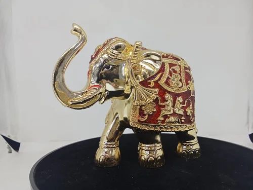 Golden Zzuri Elephant Up 4 Inches Gold & Red Meena, For Interior Decor