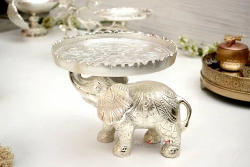GajRaj Kamalam Large German Silver Elephant with Platter 8x8x7.5 inch