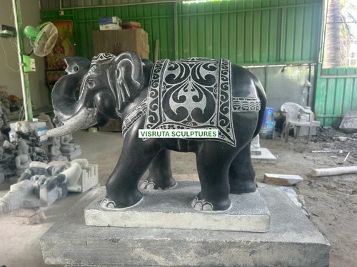 1.5 Feet Black Stone Carved Elephant Trunk Up Statue