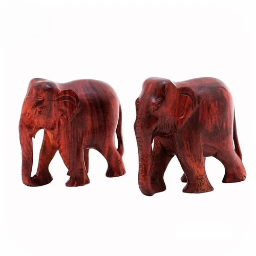 Red Sandalwood Elephant Pair Idol Natural Lal Chandan Wooden Miniature Figurine Set
