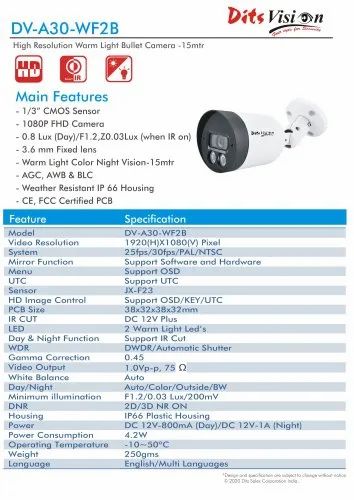 Ditsvision Bullet 2.4 MP Color night Camera ( DV-A30-WF2B ), Camera Range: 10 to 15 m