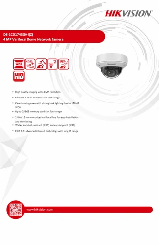Wired Camera HIKVISION 4 MP VARIFOCAL DOME DS-2CD1743G0-IZ