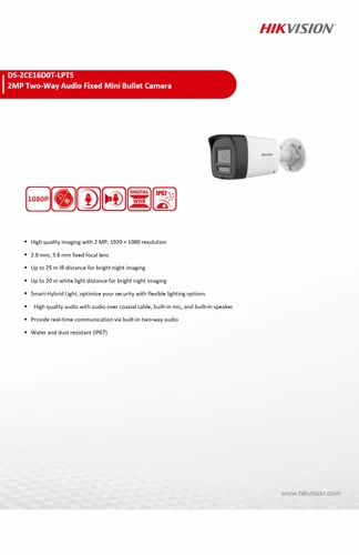 2MP Two Way Audio Mini Bullet DS-2CE16D0T-LPTS