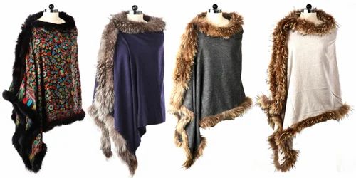 Silk Pashmina With Fox Fur Four Side Shawls