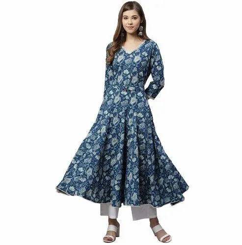 Cotton Indigo Flaired Kurta With Belt