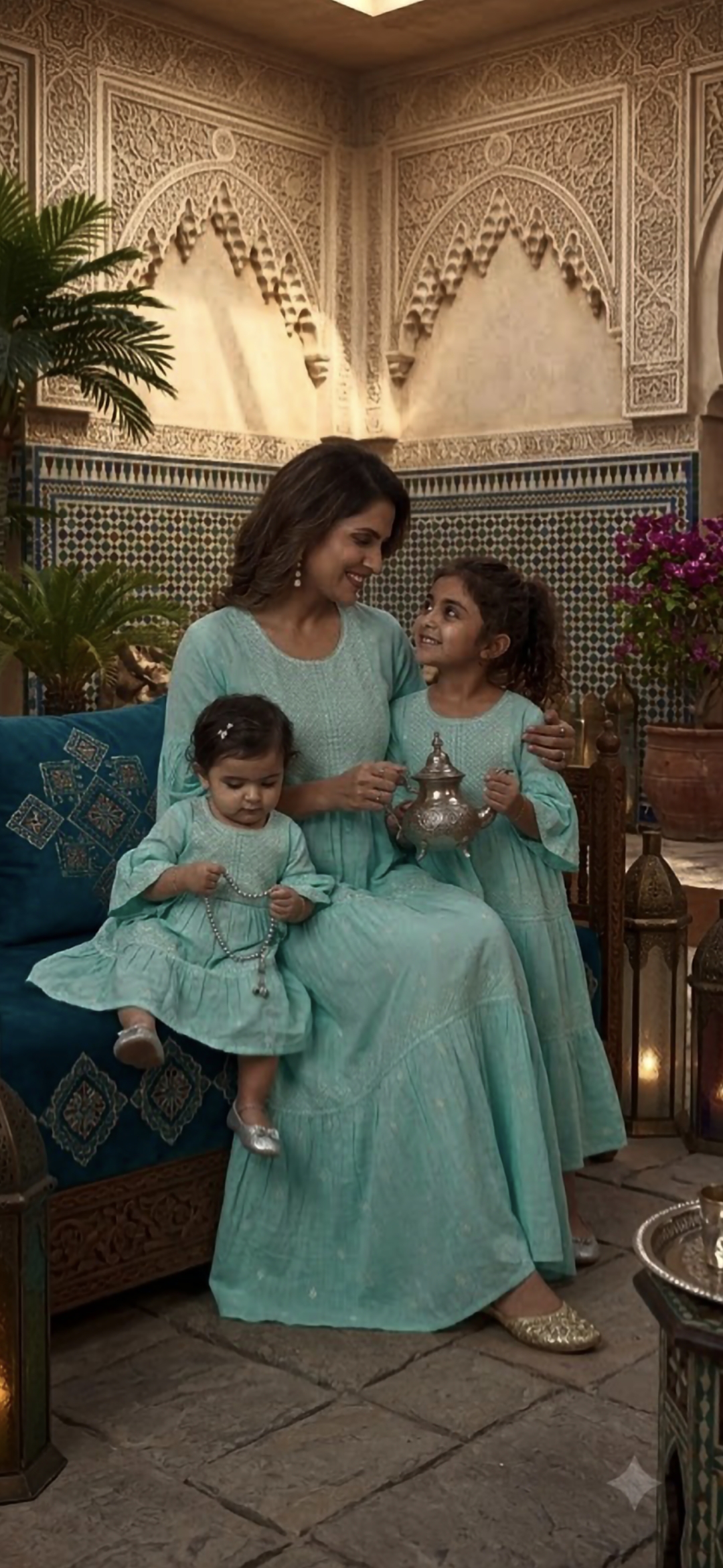 Aqua Blue Family Matching Ethnic Dress Set