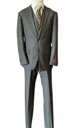 Grey Men 3 Piece Checks Printed Formal Suit, Cotton