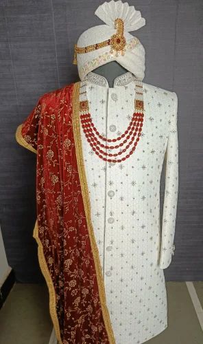 White Jacquard Traditional Handwork Sherwani for Men Royal Wedding Collection, Pattern: Embroidery