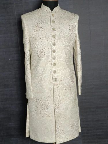 Chikankari Raxon Men's handwork wedding Sherwani cream, Pattern: Embroidery