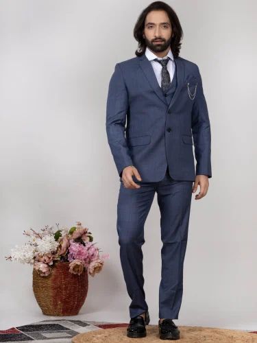 Blue 3 piece Check Suits for Men Lightweight Premium Finish, Cotton