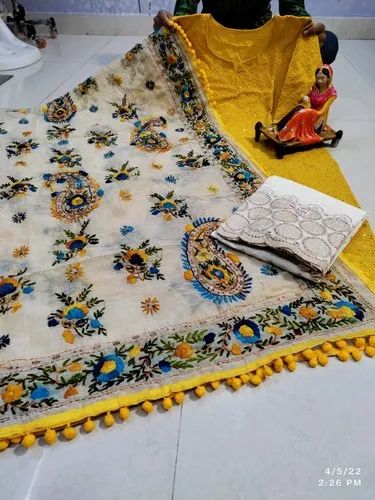 A-line Cotton Phulkari Chikankari Suit, Machine Wash