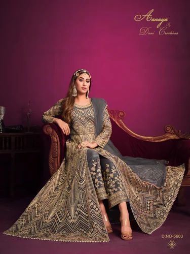 Chanderi grey Ladies Designer Wedding Suit wholesale, Anarkali