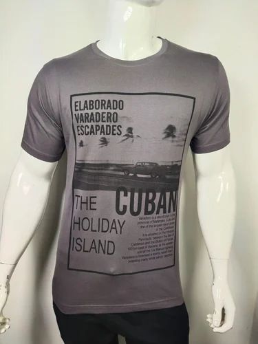Round Neck Grey Printed Cotton Men T Shirt