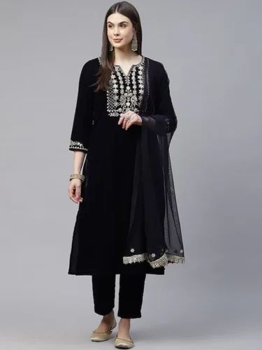 Embroidered Women Floral Yoke Design Sequinned Velvet Kurta With Trousers