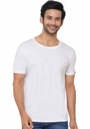Cotton Mens Plain Half Sleeves White T-Shirt, Round Neck