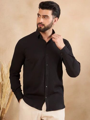 Plain Polyester Men's Textured Straight Casual Shirt, Full sleeves