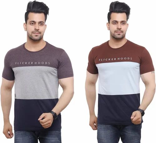 Half Sleeves Casual Wear Men Cotton Knit Fabric T-Shirt, Round Neck