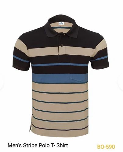 Cotton Striped Men Collar T Shirt, Polo Neck