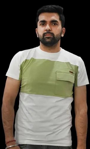 Half Sleeve White & Green Men Casual T Shirt