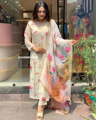 Georgette Embroidered Heer Ladies Suits, White
