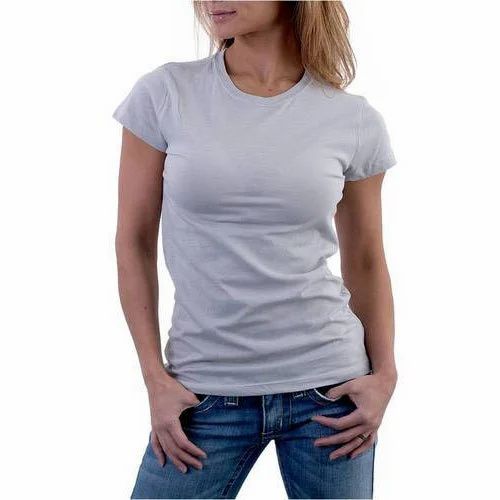 Ladies Cotton Half Sleeves Round Neck White Plain T-Shirt