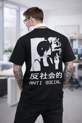 Round Neck Cotton Men Japanese Graphic Printed T-Shirt 240 GSM Black