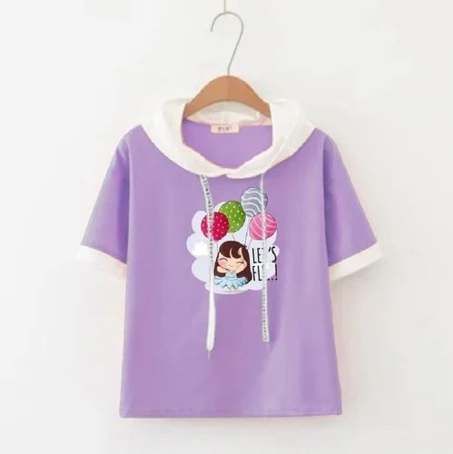 Half Sleeve Ladies Lavender Hoody T Shirt, Casual Wear, Size: Medium
