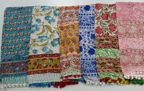 Printed Indian Hand Block Print Scarf Handmade Pure Cotton Stole With Pom Pom