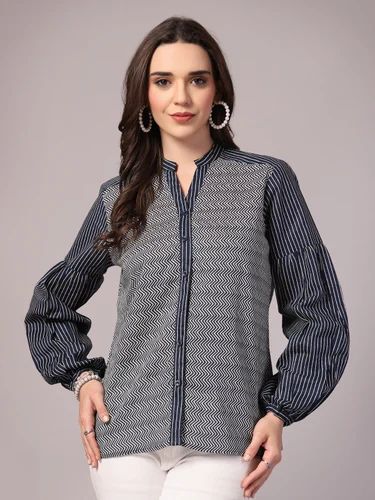 Cotton Women's Casual Mandarin Neck Balloon Sleeves Stylish Regular Fit Shirt