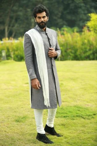 SCOTWILSON PURE LINEN SHERWANI, Embroidered