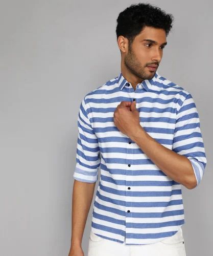 Stripes Men Poly Cotton White Blue Striped Shirt, Casual, Full Sleeves