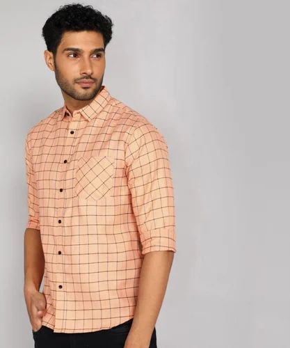 Men Poly Cotton Peach Check Shirt, Casual, Full Sleeves