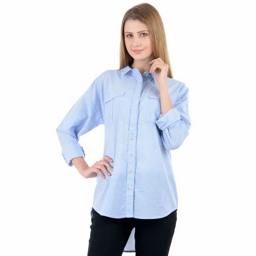 Full Sleeve Cotton Light Blue Ladies Shirt