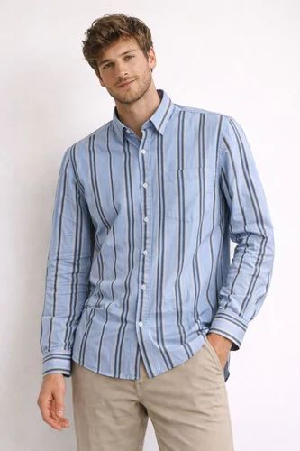 Full Sleeves Light Steel Blue Men Cotton Stripe Shirt