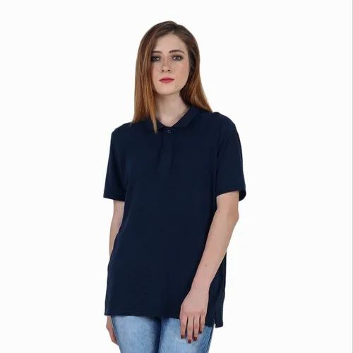 Beard India Half Sleeve Women Polo Collar Blue T Shirt