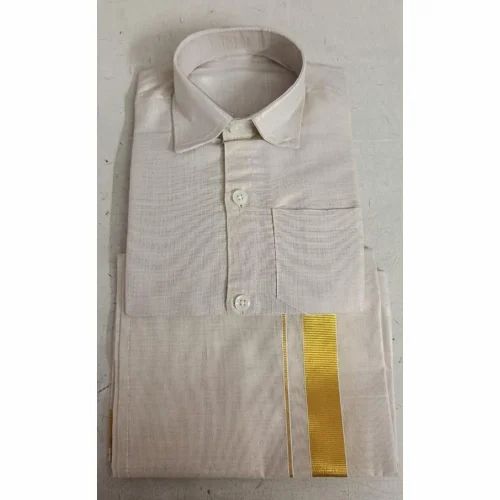 Solid Half White Mens Silk Dhoti Shirt Set