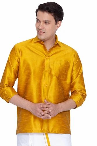 Party Wear Yellow Dupion Silk Full Sleeves Shirt, Size: Large - 42