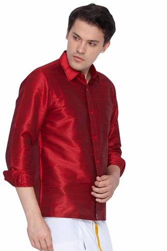 Men Party Wear Maroon Dupion Silk Full Sleeves Shirt, Size: Medium - 40
