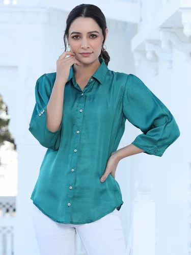Plain Green Ladies Silk Blend Solid Shirt