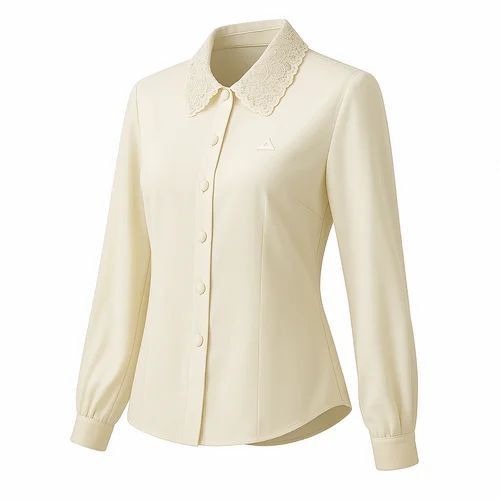 Plain Cream Color Long Sleeve Casual Linen Women Shirt, Size: Large