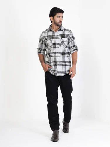 Medium Checks Men Black White Twill Flannel Check Shirt, Full Sleeves, Casual