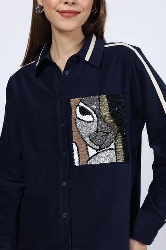 Embroidered Ladies Blue Corduroy Winter Shirt